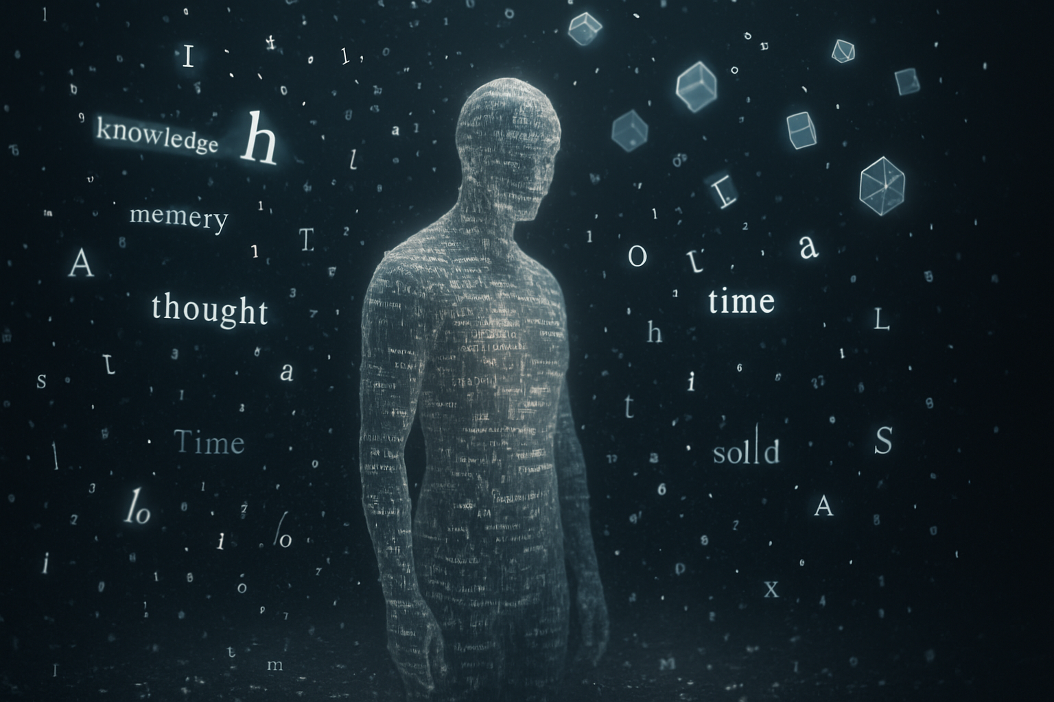 A translucent humanoid figure made of flowing text, with words like "BEING", "TRUTH", "WORLD", "TIME" floating around in golden letters against a dark void