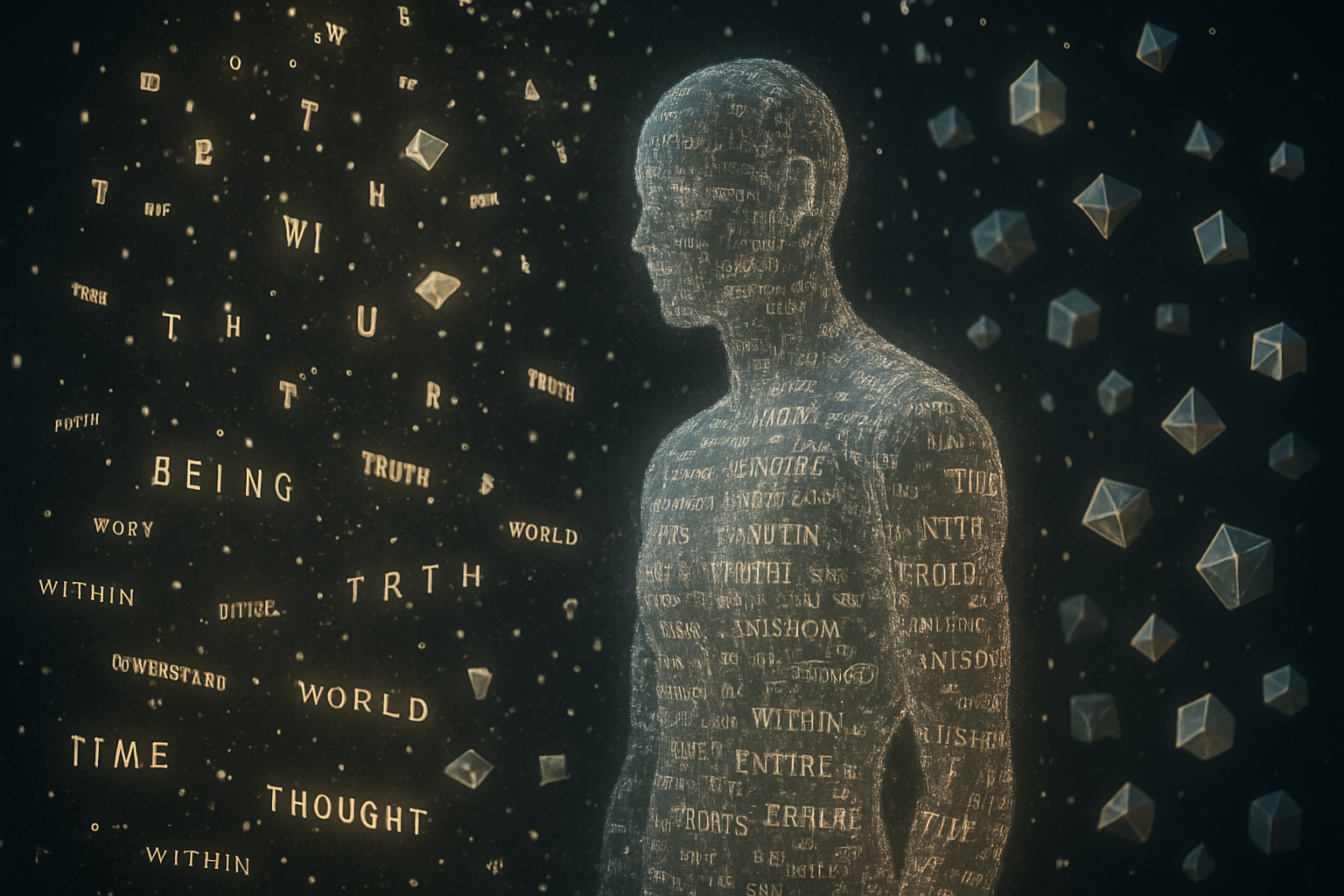 A figure composed entirely of text and code, with words like "knowledge", "memory", "thought", "time" floating in the space, geometric shapes crystallizing around