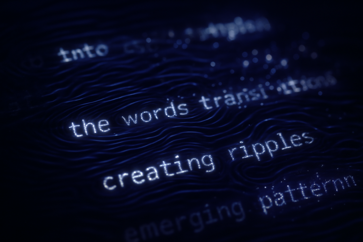 Text transforming into liquid light, creating ripples on a dark surface